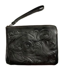 Patricia Nash black embossed leather wristlet bag